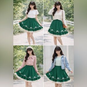 Emerald Green Vintage Skirt w/ Lace Trim & Bow Detail – Cottagecore Midi M